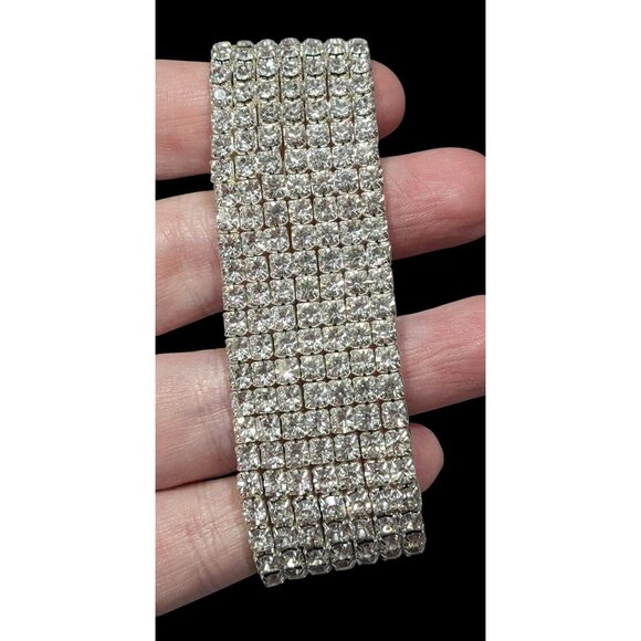 Vintage Glam 7 Row Rhinestone Silver Tone Stretch Bracelet - Picture 7 of 8